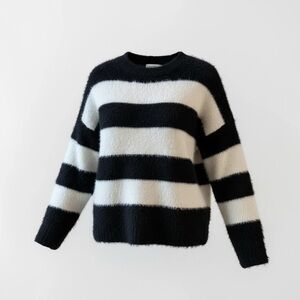 Women’s Fuzzy faux Fur Black And White Striped Soft Sweater One Size Large XL